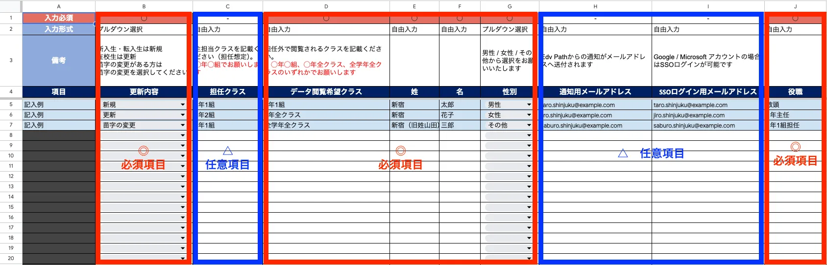 教員名簿の入力例