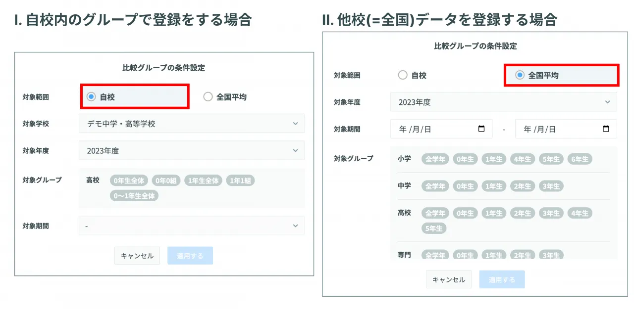 比較グループの設定画面