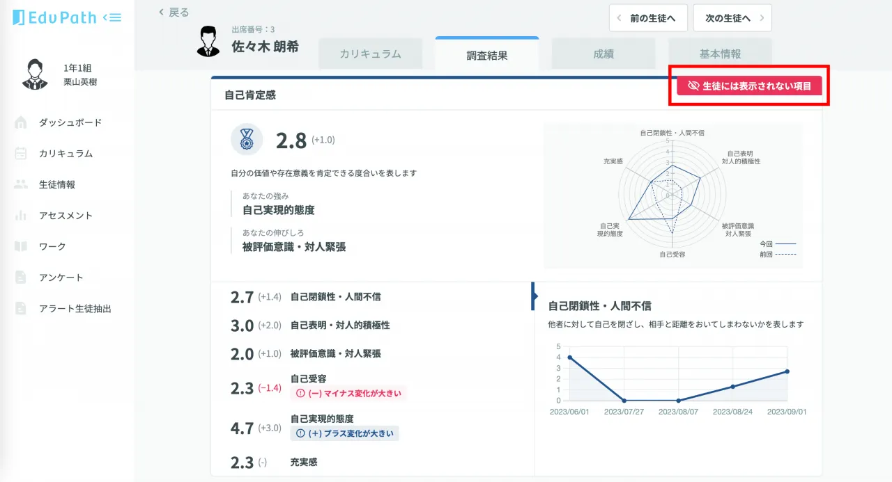 教員側のみ表示される項目の例